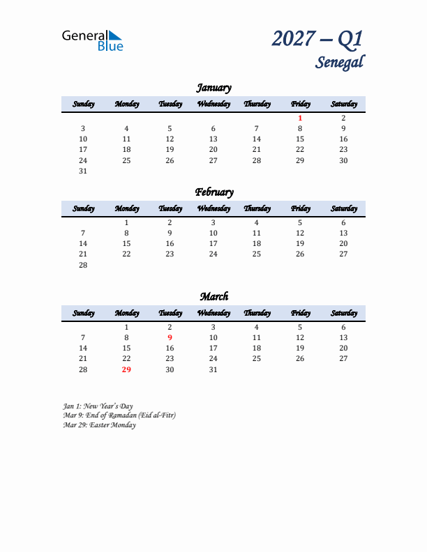 January, February, and March Calendar for Senegal with Sunday Start