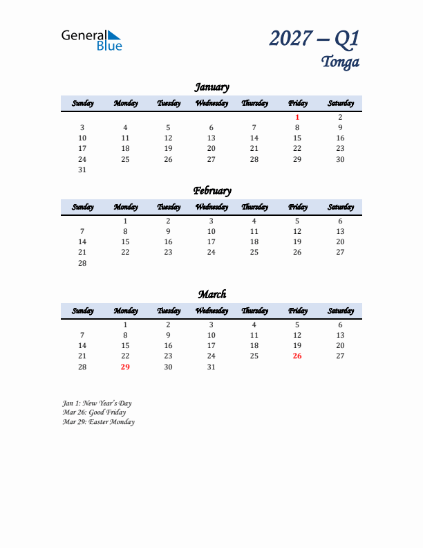 January, February, and March Calendar for Tonga with Sunday Start