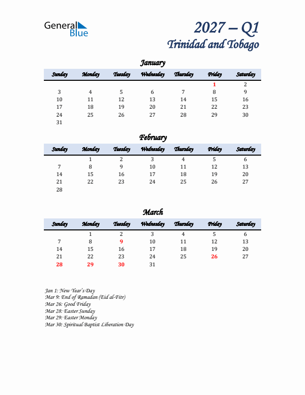 January, February, and March Calendar for Trinidad and Tobago with Sunday Start