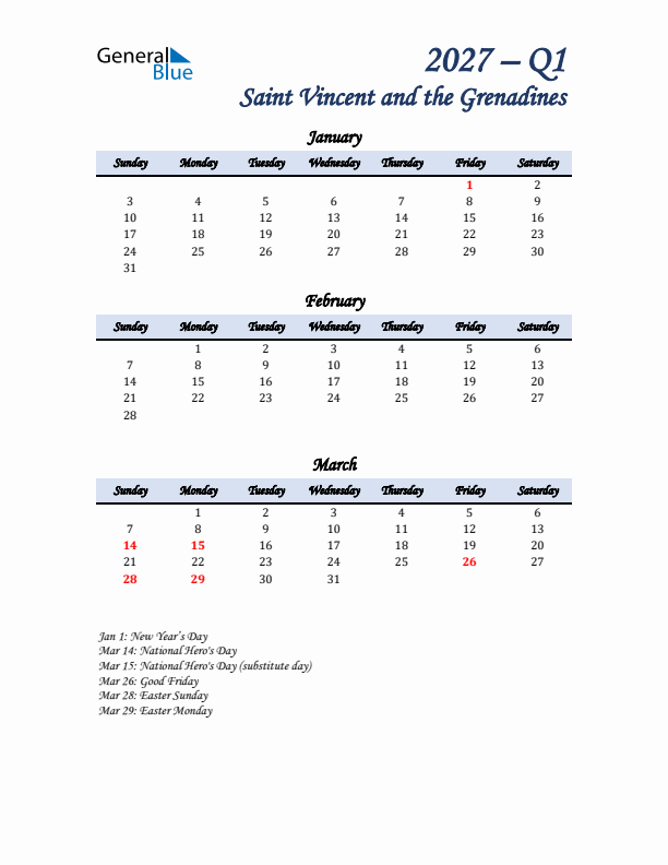 January, February, and March Calendar for Saint Vincent and the Grenadines with Sunday Start