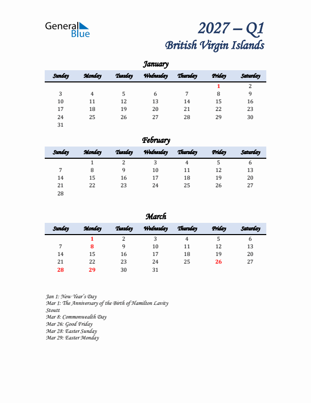 January, February, and March Calendar for British Virgin Islands with Sunday Start