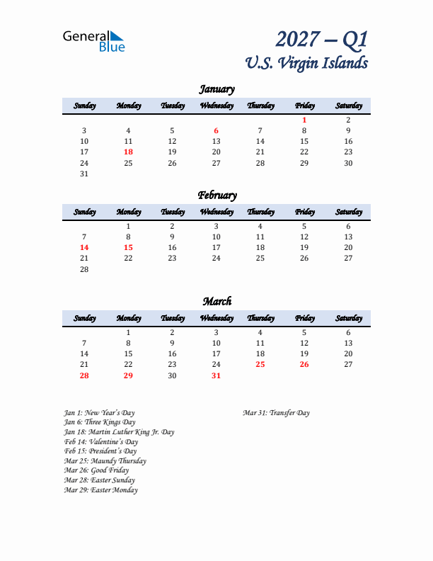 January, February, and March Calendar for U.S. Virgin Islands with Sunday Start