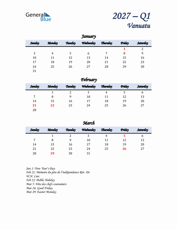 January, February, and March Calendar for Vanuatu with Sunday Start