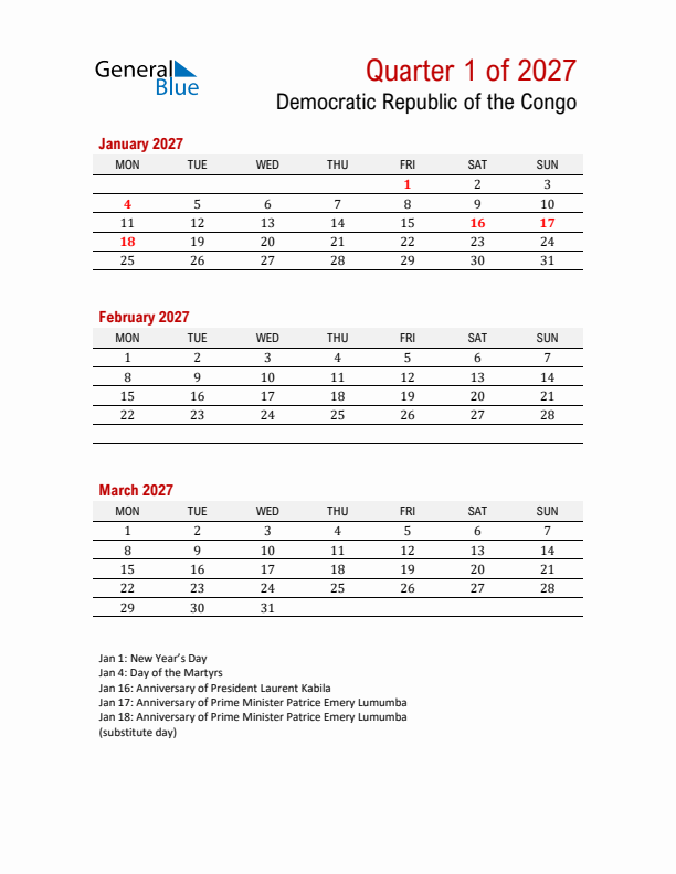 Printable Three Month Calendar with Democratic Republic of the Congo Holidays