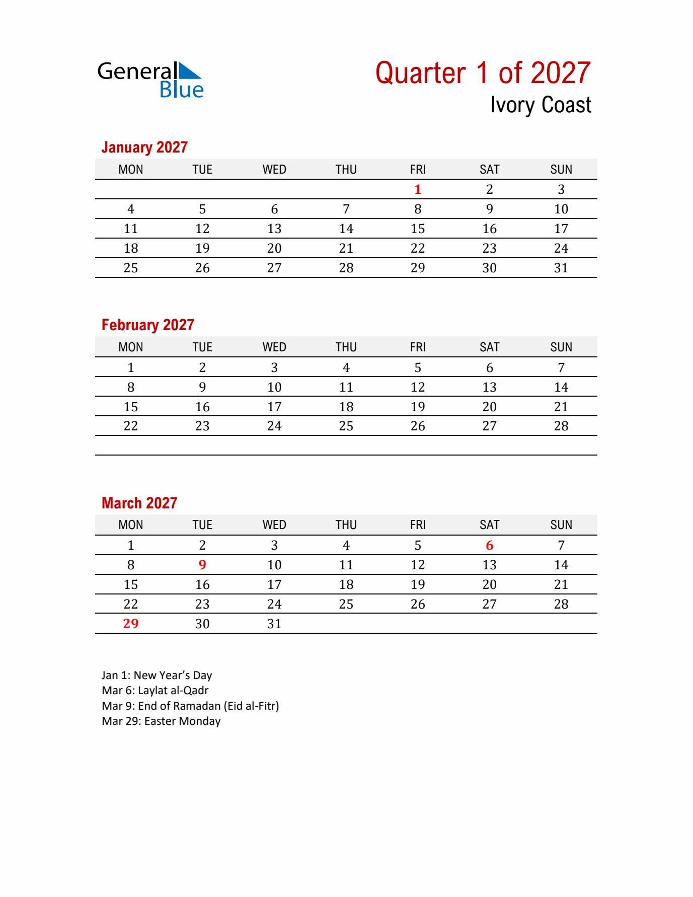 Printable Three Month Calendar with Ivory Coast Holidays