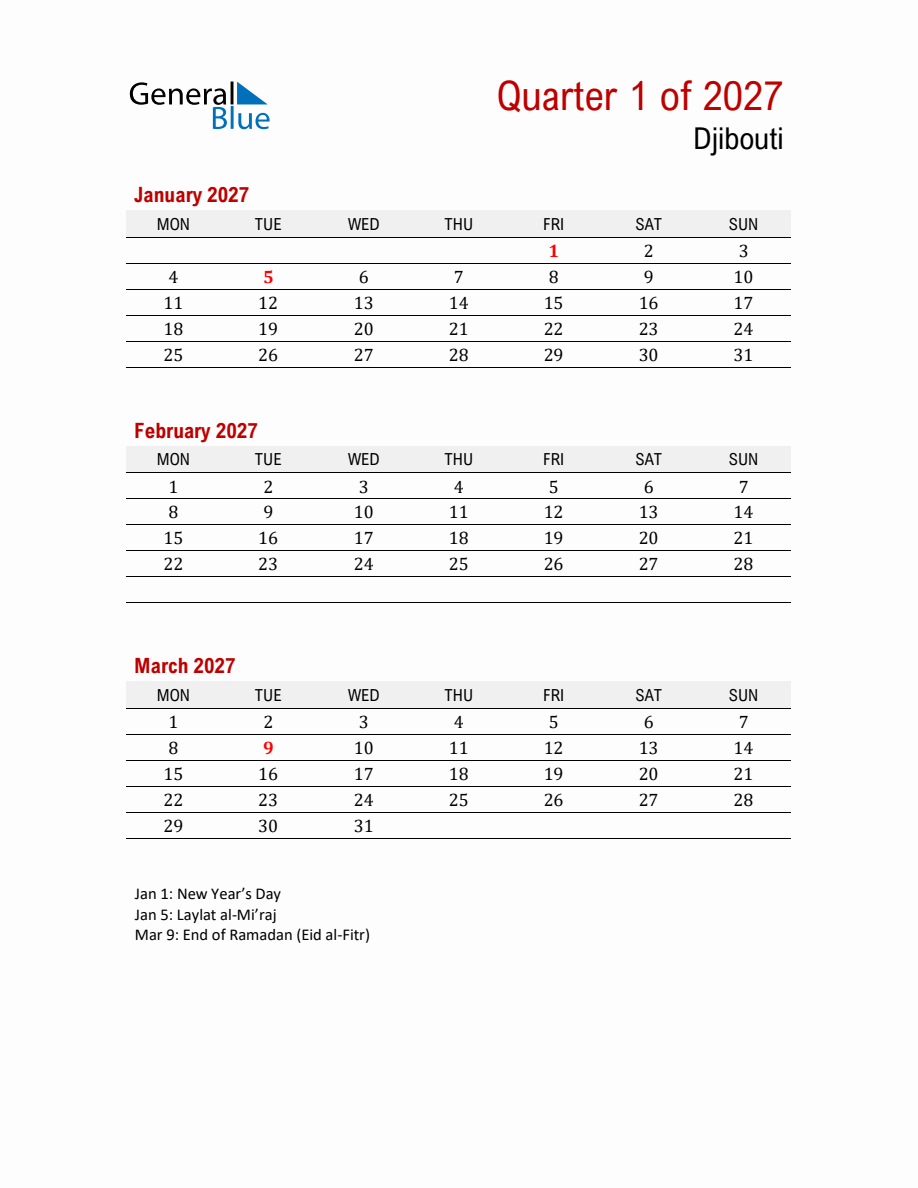 Printable Three Month Calendar with Djibouti Holidays (Q1 2027 ...