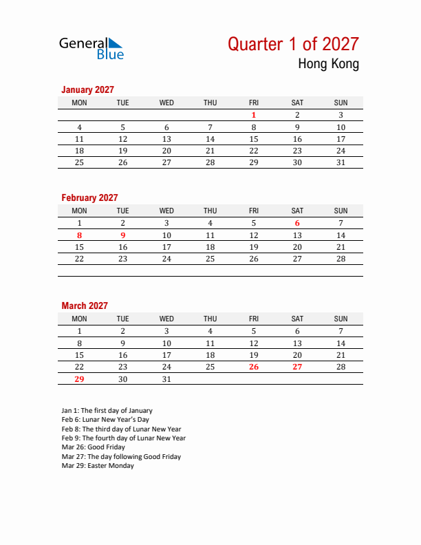 Printable Three Month Calendar with Hong Kong Holidays