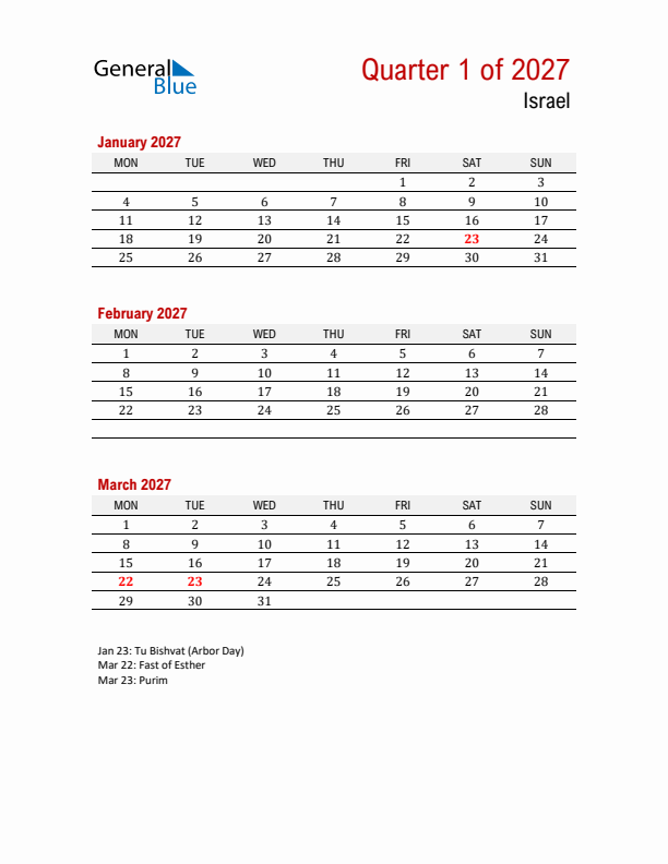 Printable Three Month Calendar with Israel Holidays