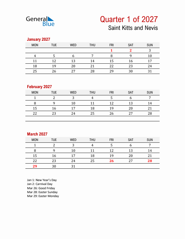 Printable Three Month Calendar with Saint Kitts and Nevis Holidays