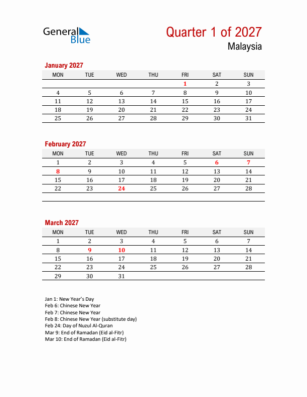 Printable Three Month Calendar with Malaysia Holidays