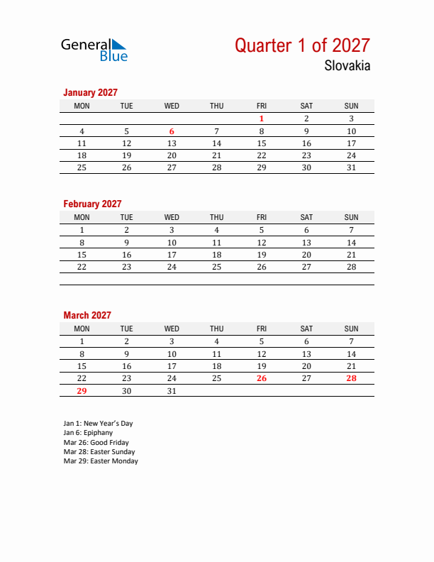 Printable Three Month Calendar with Slovakia Holidays