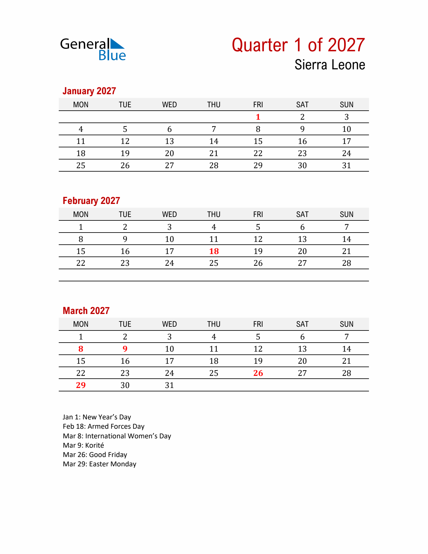Printable Three Month Calendar with Sierra Leone Holidays