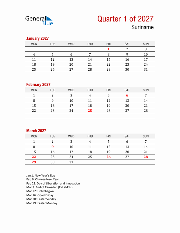 Printable Three Month Calendar with Suriname Holidays