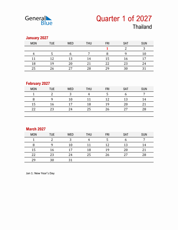 Printable Three Month Calendar with Thailand Holidays