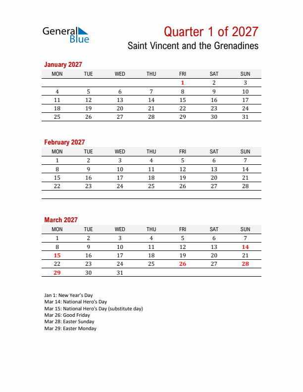 Printable Three Month Calendar with Saint Vincent and the Grenadines Holidays