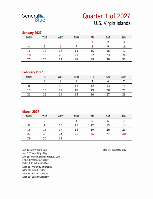 Printable Three Month Calendar with U.S. Virgin Islands Holidays