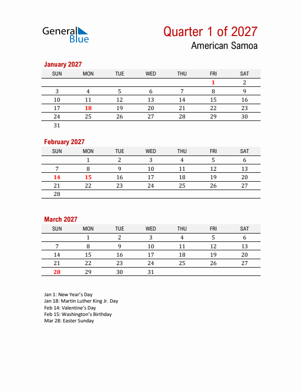 Printable Three Month Calendar with American Samoa Holidays