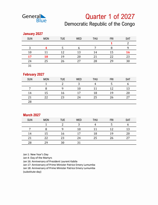Printable Three Month Calendar with Democratic Republic of the Congo Holidays