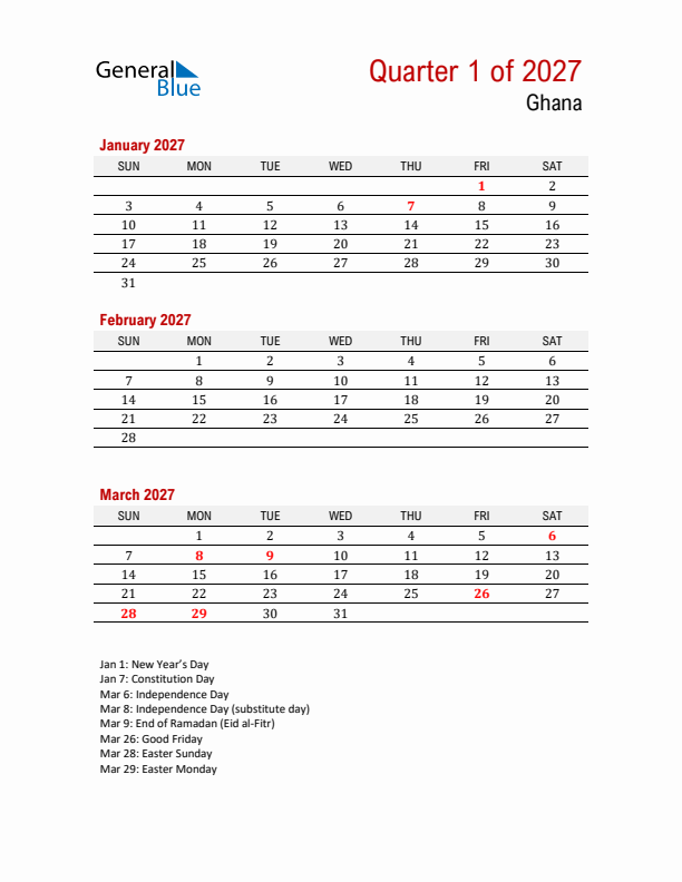 Printable Three Month Calendar with Ghana Holidays