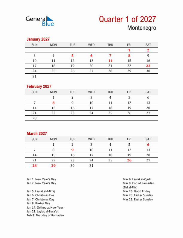Printable Three Month Calendar with Montenegro Holidays
