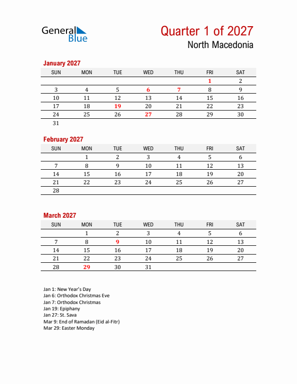 Printable Three Month Calendar with North Macedonia Holidays