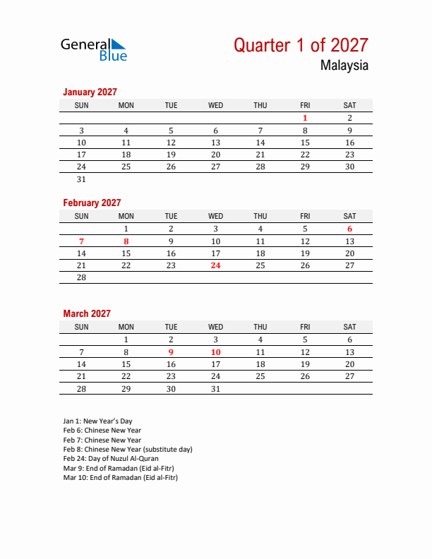 Printable Three Month Calendar with Malaysia Holidays