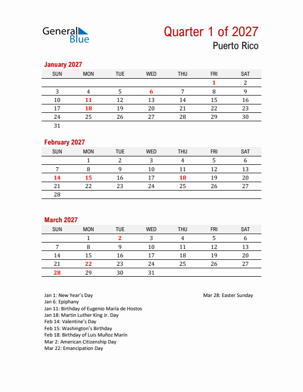 Printable Three Month Calendar with Puerto Rico Holidays