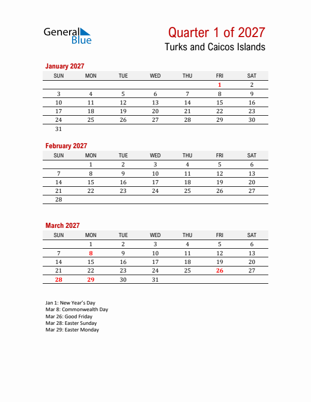 Printable Three Month Calendar with Turks and Caicos Islands Holidays