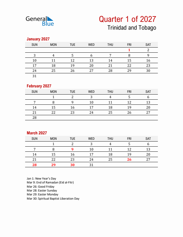 Printable Three Month Calendar with Trinidad and Tobago Holidays
