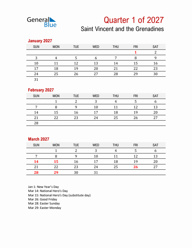 Printable Three Month Calendar with Saint Vincent and the Grenadines Holidays