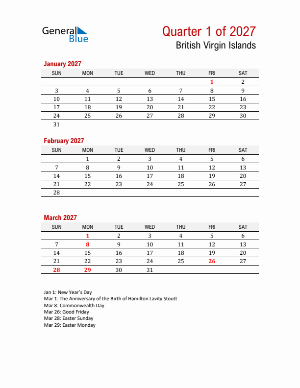 Printable Three Month Calendar with British Virgin Islands Holidays