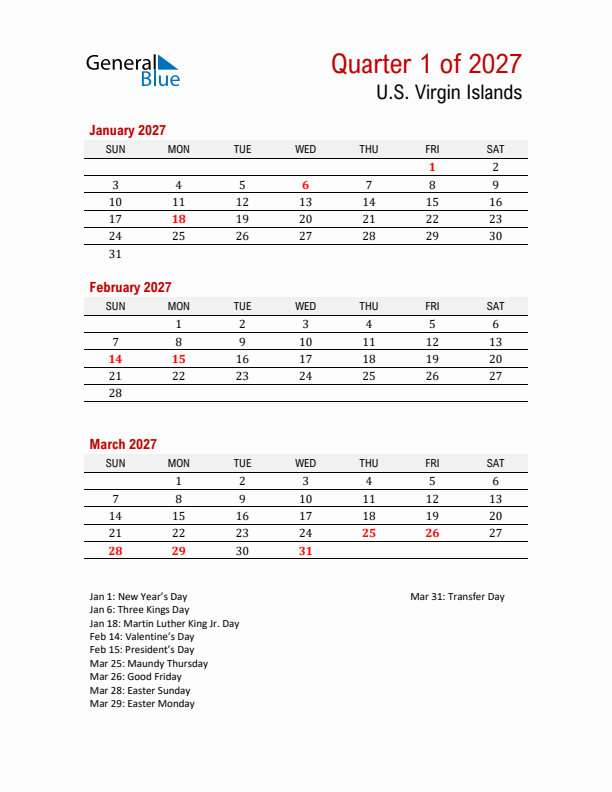 Printable Three Month Calendar with U.S. Virgin Islands Holidays