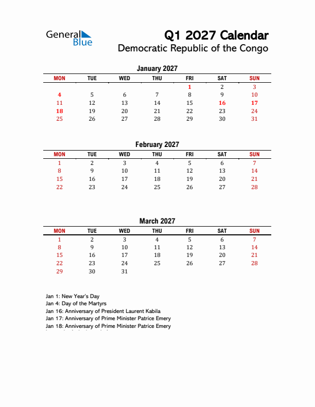 2027 Q1 Calendar with Holidays List for Democratic Republic of the Congo