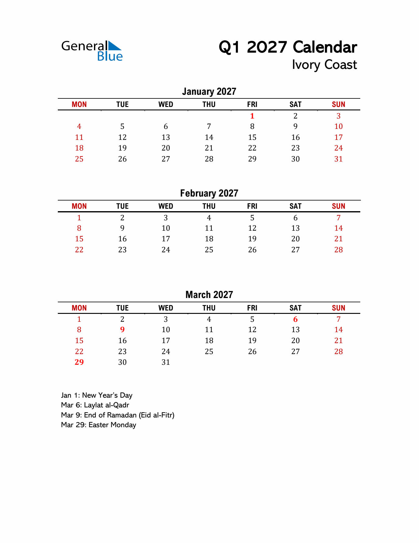 2027 Q1 Calendar with Holidays List for Ivory Coast