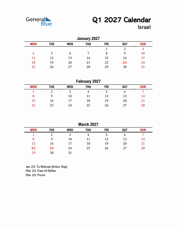 2027 Q1 Calendar with Holidays List for Israel