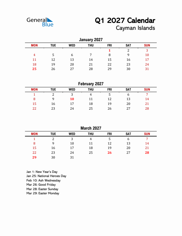 2027 Q1 Calendar with Holidays List for Cayman Islands