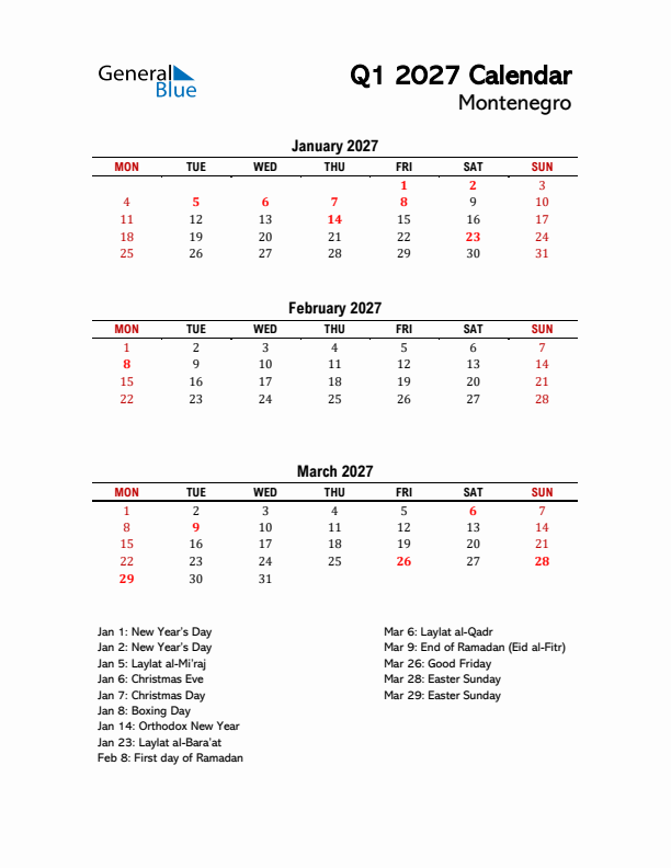 2027 Q1 Calendar with Holidays List for Montenegro