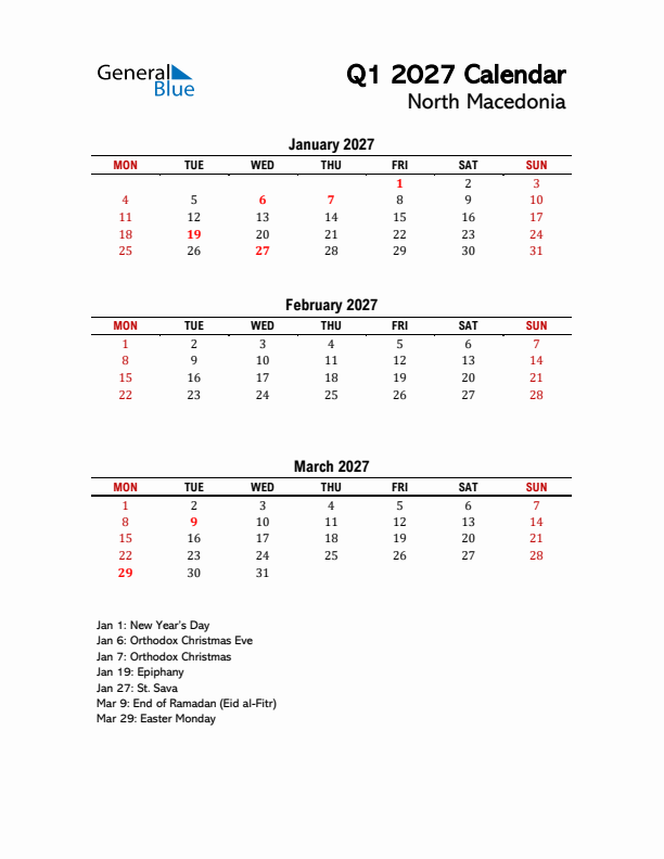 2027 Q1 Calendar with Holidays List for North Macedonia