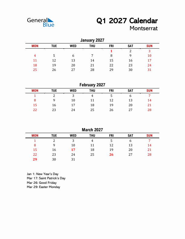 2027 Q1 Calendar with Holidays List for Montserrat