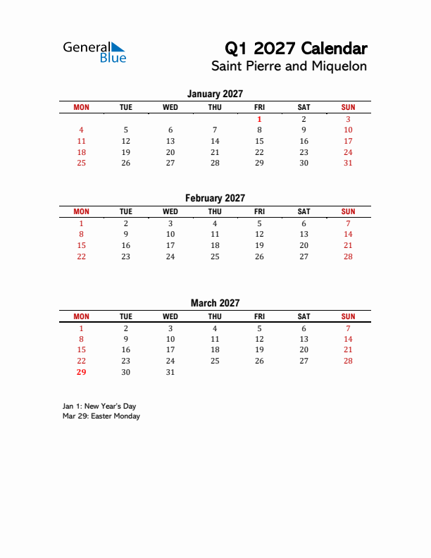 2027 Q1 Calendar with Holidays List for Saint Pierre and Miquelon