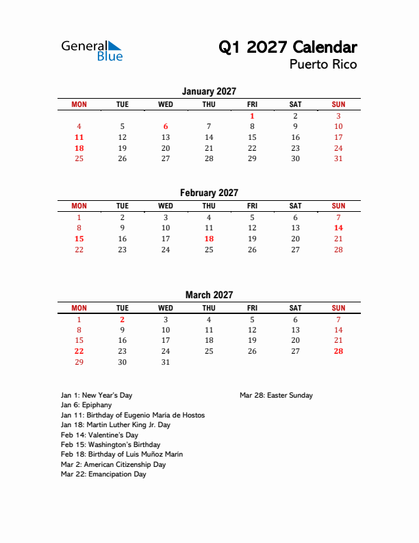 2027 Q1 Calendar with Holidays List for Puerto Rico