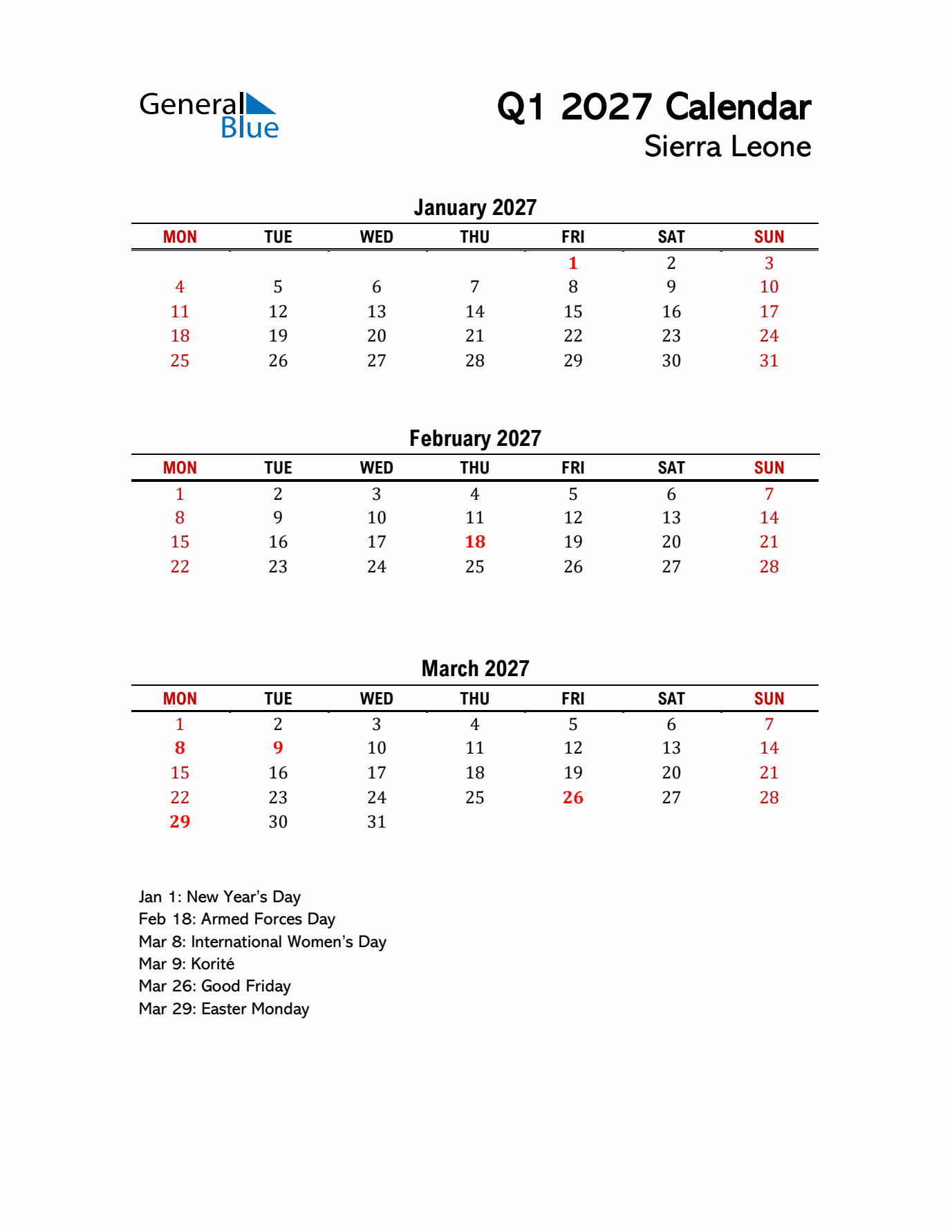 2027 Q1 Calendar with Holidays List for Sierra Leone