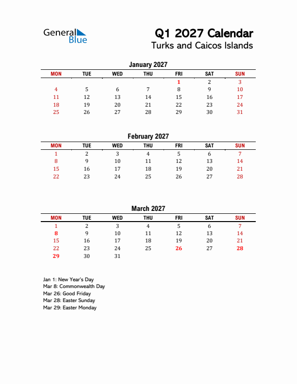 2027 Q1 Calendar with Holidays List for Turks and Caicos Islands