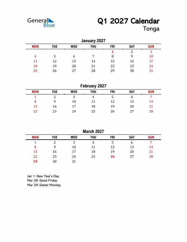 2027 Q1 Calendar with Holidays List for Tonga