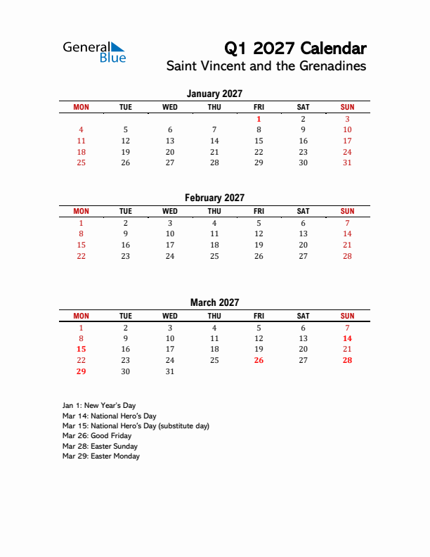 2027 Q1 Calendar with Holidays List for Saint Vincent and the Grenadines