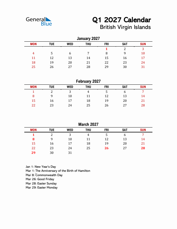 2027 Q1 Calendar with Holidays List for British Virgin Islands