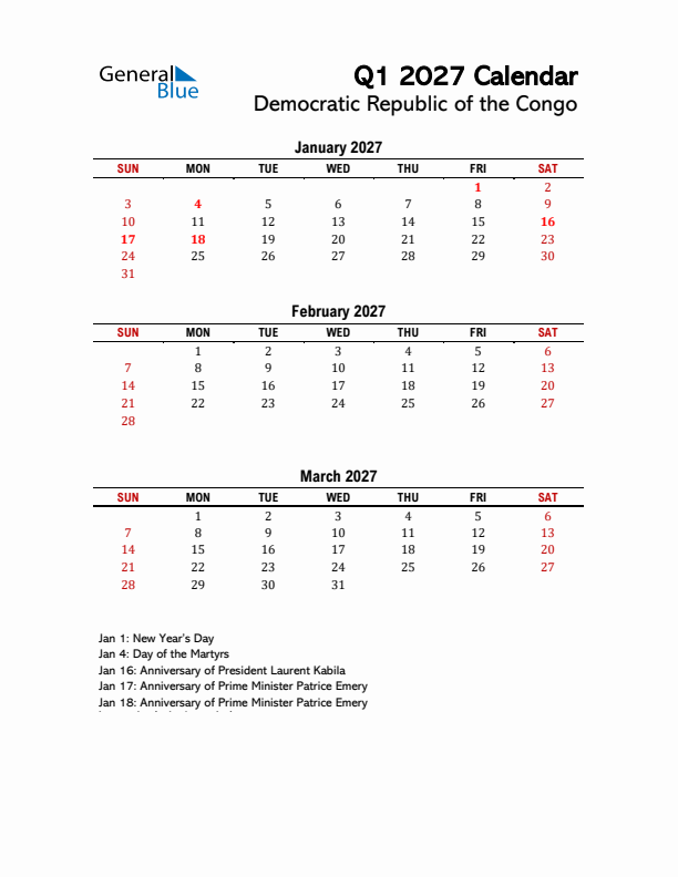 2027 Q1 Calendar with Holidays List for Democratic Republic of the Congo