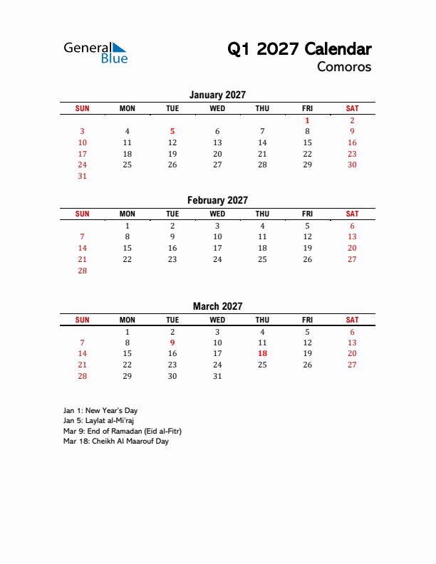 2027 Q1 Calendar with Holidays List for Comoros