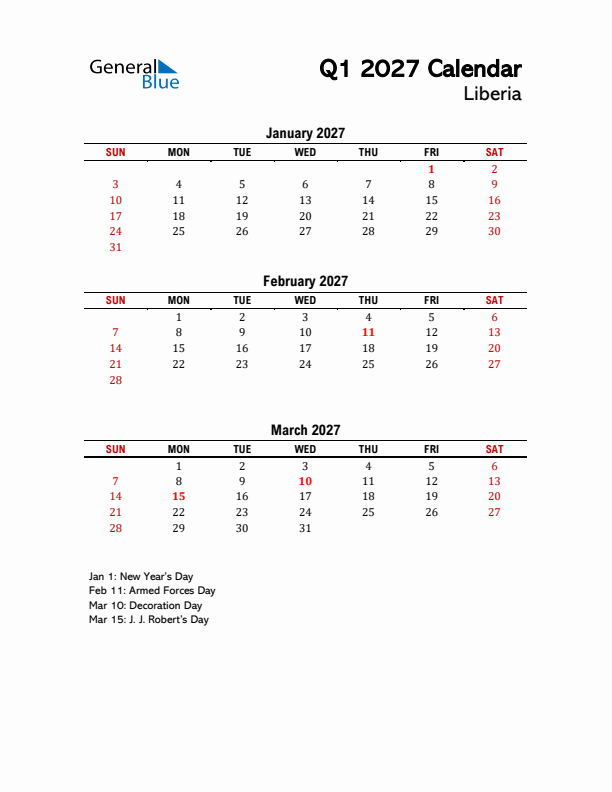 2027 Q1 Calendar with Holidays List for Liberia