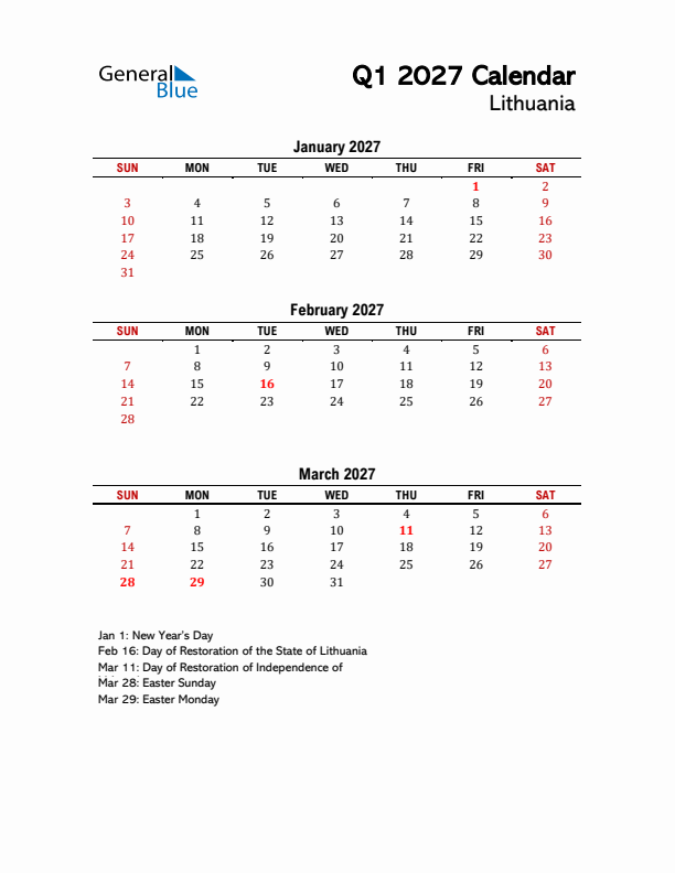 2027 Q1 Calendar with Holidays List for Lithuania